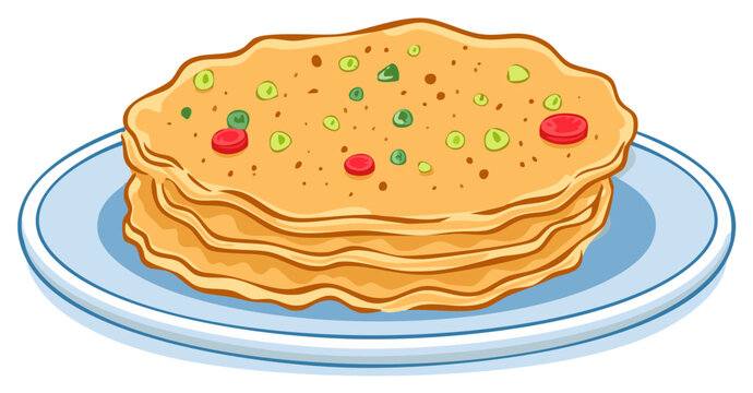 Stack of Dosa Pancakes on Plate, Cartoon Style, Delicious Asian Food