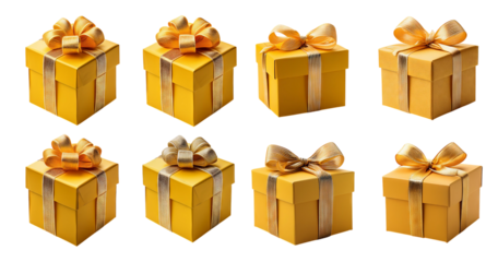 Elegant Yellow Gift Boxes with Shiny Bows for Any Occasion, Bundle Set Collection, Isolated on Transparent Background