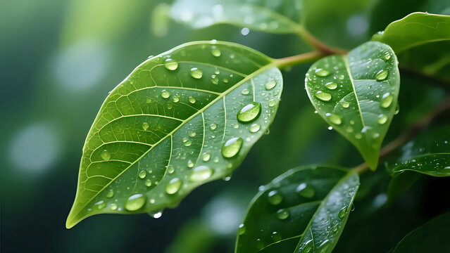 Lush green leaves adorned with glistening raindrops. - Powered by Adobe