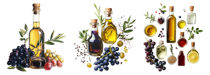 Collection of Bottles with Olive Oil, Balsamic Vinegar, and Grapes, PNG bundle collection, Isolated on Transparent Background
