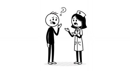 Worried Patient and Concerned Nurse Discussing Diagnosis with Question Mark in Black and White Stick Figure Style on Isolated Plain White Background A Depiction of Medical Consultation and Concern