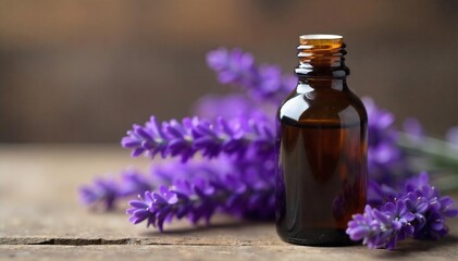 Calming Lavender Aromatherapy Oil Rustic Wooden Surface, Soft Natural Light, Purple Hue, Massage Oil