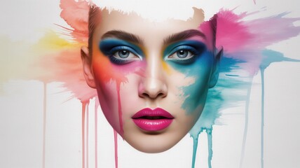 Woman's face with abstract colorful makeup and paint drips