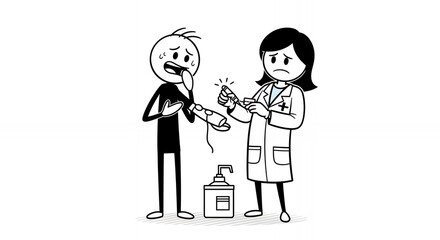 Worried Stick Figure Patient Awaiting Blood Test from Female Doctor in White Coat on White Background Cartoon Illustration Depicting Medical Anxiety and Clinical Examination with Sanitizer Bottle