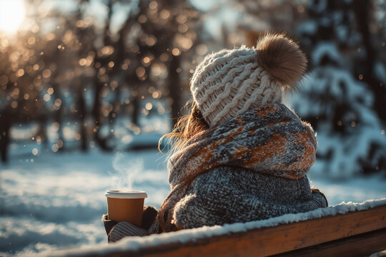 Woman on a bench with hot drink in snowy park at sunset, cozy winter outfit, woolen hat and scarf, cinematic bokeh, lifestyle winter scene, editorial photography. Generative AI.