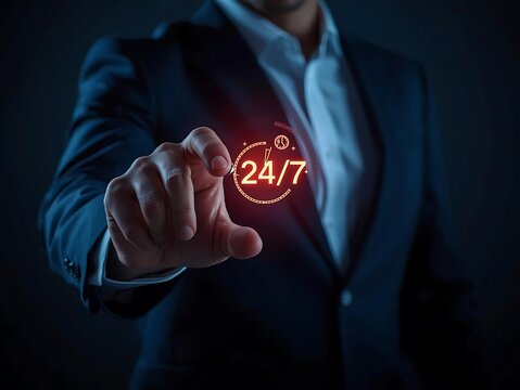 Businessman s hand activates glowing 24/7 service icon with futuristic technology