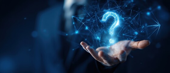 The Question Mark Hologram Floating Above a Businessman's Open Hand in Technology Concept