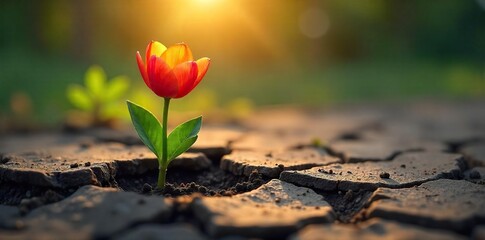 Vibrant Flower Blooming Through Cracked Earth A Symbol of Rebirth and Renewal