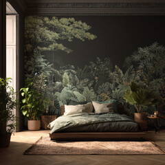 Tropical bedroom with lush green plants, botanical wallpaper, wooden furniture, cozy bedding, and natural sunlight creates relaxing, nature inspired atmosphere for peaceful rest