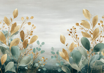Elegant botanical illustration with gold and green leaves, soft petals, and textured background, creating calm and sophisticated floral pattern for decoration