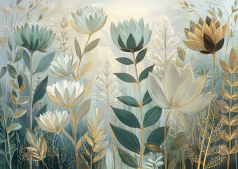 Soft pastel flowers with bold petals and delicate leaves create dreamy, serene botanical pattern, blending blue, gold, and cream tones in tranquil, artistic floral scene