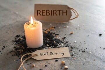 Candle Symbolizing Rebirth With Tags Still Burning and Rebirth on Textured Surface with Dark Elements and Light Glow