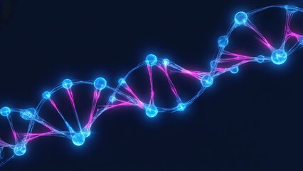 Abstract glowing DNA helix made of blue and pink molecules on dark background, symbolizing genetics, biotechnology, science research, medical innovation, molecular biology, and futuristic discovery.