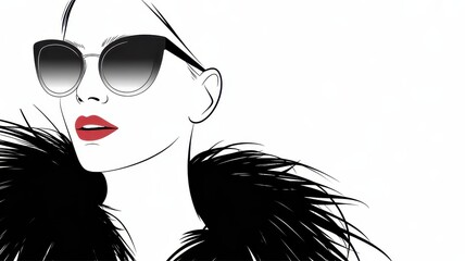 Woman Wearing Sunglasses and Fur Collar Fashion Illustration