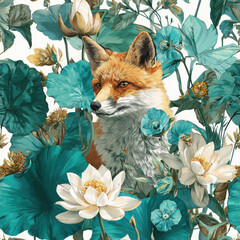 Fox surrounded by teal and white flowers, soft petals, and lush green leaves, creating serene and elegant nature scene with gentle, peaceful expression on fox face