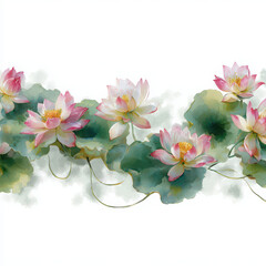 Pink lotus flower green leaf watercolor style seamless pattern soft petal bold color nature botanical floral decorative elegant tranquil artistic