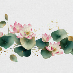 Watercolor lotus flowers with soft pink petals and green leaves create delicate, elegant pattern on white textured background, evoking calm and peaceful mood