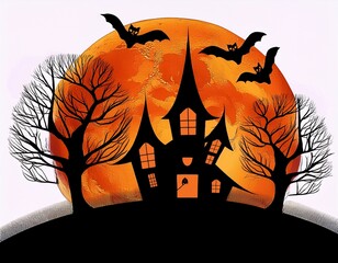 AI Generative A spooky haunted house silhouetted against a large, eerie orange moon with bats flying in the night sky.
