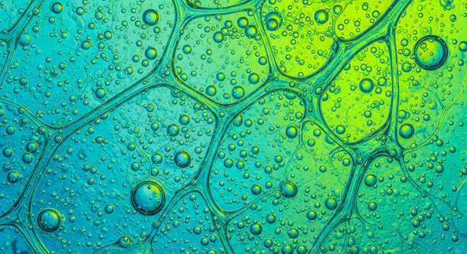 Detailed macro photography of a vibrant cellular structure with air bubbles suspended in a blue and green liquid gradient