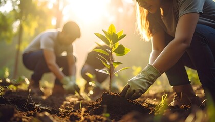 Personas plantando árboles jóvenes en el bosque al atardecer, concepto de sostenibilidad y medio ambiente