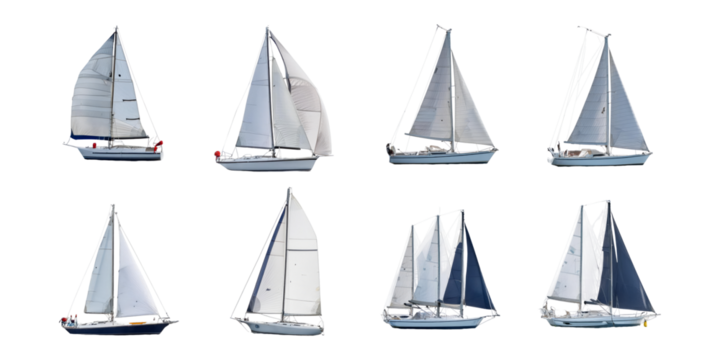 Collection of Sailing Yachts with White Sails, PNG collection, set bundle, isolate on transparent or white background