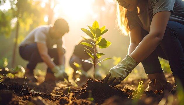 Personas plantando &aacute;rboles j&oacute;venes en el bosque al atardecer, concepto de sostenibilidad y medio ambiente