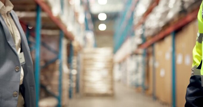 Handshake, deal and logistics employees in warehouse for inventory agreement or partnership. Industry, shaking hands and team of supply chain workers with distribution collaboration in storehouse.