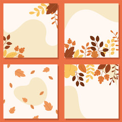 Autumn floral background templates with warm orange and brown leaves, perfect for November seasonal design, fall greeting cards, invitations