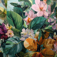 Lush tropical leaves pink and white flowers bold petals soft textures vibrant green foliage orange accents natural pattern botanical background artistic style