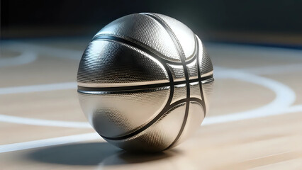 A metallic silver basketball on a court.