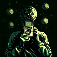 An abstract illustration of a person holding a vintage camera, with a moon-like sphere replacing their head, set against a dark, starry background.