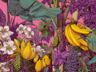 Tropical banana, grape, and exotic flower illustration with bold colors, soft petals, and lush green leaves on vibrant pink background, creating lively, energetic mood