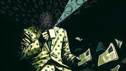 An illustration depicts a person with an obscured face, holding a mug, and reading papers.