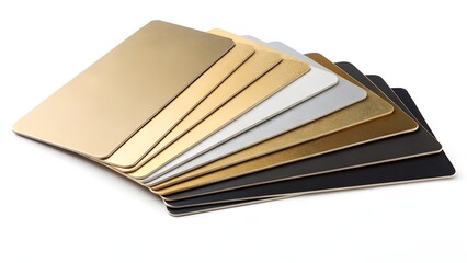 A fan of various colored metallic cards, arranged in a gradient pattern, isolated on white.
