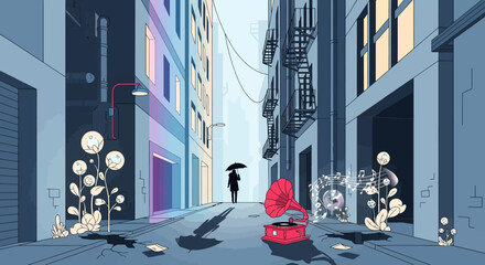 A lone figure holding an umbrella stands in a surreal alleyway.