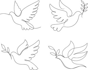 Set of Minimalist single line drawing of a dove carrying a branch