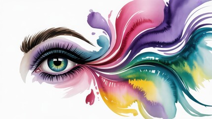Woman's eye with vibrant watercolor splashes and abstract paint
