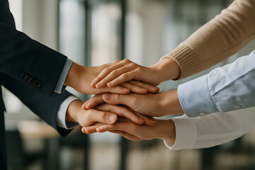 close up diverse hands stacked together, symbolizing teamwork, unity