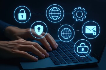 Person typing on laptop with digital security icons representing cybersecurity and online protection