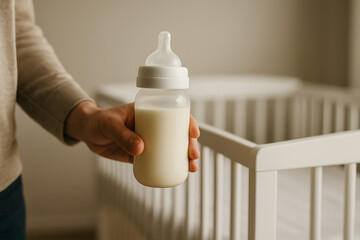 man is hand holding a milk bottle, close up
