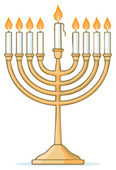 Cartoon illustration of a golden menorah with lit candles for Hanukkah