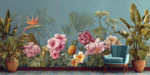 Tropical flower palm leaf pineapple lush plant blue wall vintage armchair potted plant interior floral pattern exotic decorative vibrant