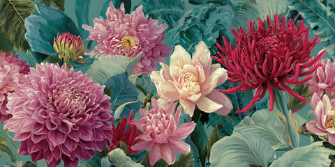 Large pink, red, and white flowers with soft and bold petals bloom among lush green leaves, creating vibrant and elegant floral pattern with serene and uplifting mood