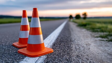 Two orange traffic cones with reflective stripes sit on an asphalt road line at sunset or twilight, signaling caution.