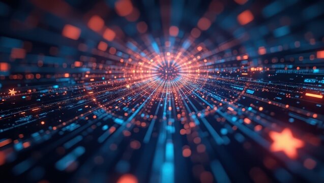 Intricate digital artwork showcasing a tunnel of light with a network-like appearance, composed of luminous orange and blue particles against a dark backdrop, radiating from a central point, with a...