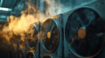 Industrial large cooling fans illuminated by warm light and mist inside a futuristic server room, symbolizing powerful technology, energy, ventilation, data infrastructure, and digital networks.