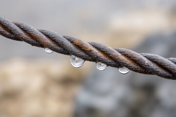 Close-up of a rusty, weathered wire rope with multiple clear water droplets suspended below, set against a soft bokeh background.