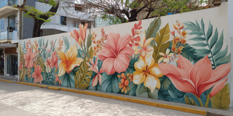 Large tropical flower mural with soft and bold petals, vibrant leaves, and lush greenery decorates urban wall, creating cheerful and artistic street atmosphere
