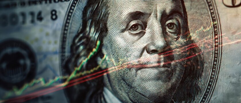 The dollar bill portrait overlaid with stock market graph showing financial volatility - Powered by Adobe