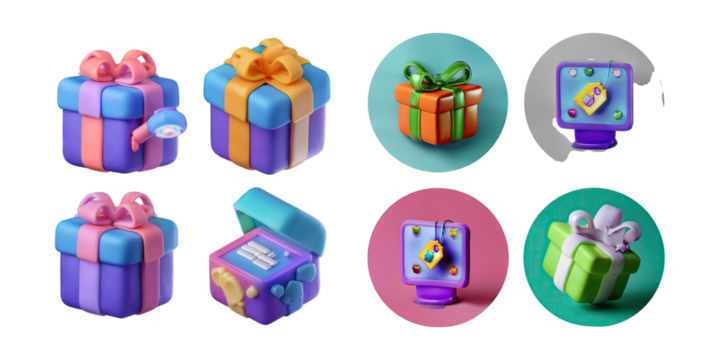 Colorful Gift Boxes with Ribbons and Decorations, PNG collection, set bundle, isolate on transparent or white background